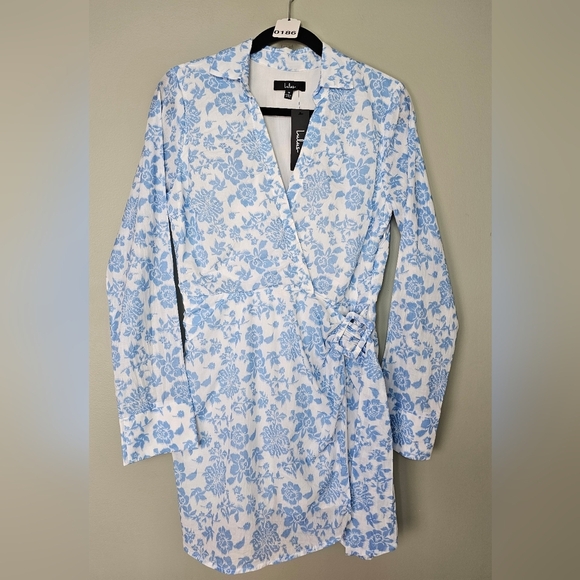 Lulus Made to Charm White & Blue Floral Collared Buckle Mini Dress, Size Medium - Picture 8 of 11